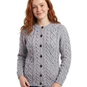 Kilronan Knitwear Ireland Merino Wool Cable Knit Cardigan Lavender Gray XL NWT